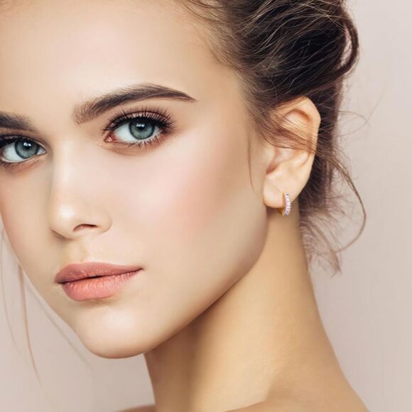 14K Yellow Gold with Purple Amethyst Cubic Zirconia Princess Cut Huggie Earrings - Picture 5 of 6